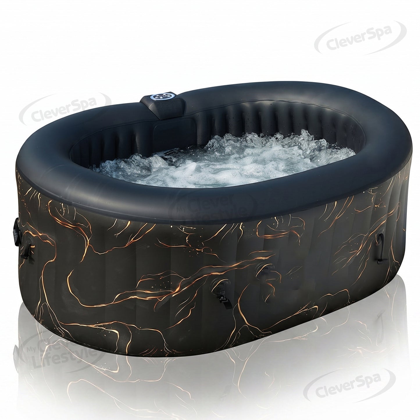 CleverSpa Portable Inflatable Hot Tub Outdoor Indoor Fits Upto 2 Person 75" x 47" x 25" with 100 Bubble Massage Airjets, Inbuilt Heating System, Water Filtration, Oval, Black with Gold Print