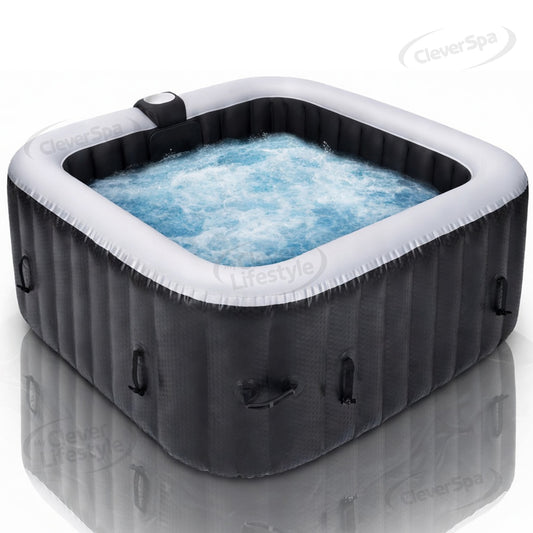 Clever Spa Portable Inflatable Hot Tub Outdoor Indoor Fits Upto 4 Person 61" x 61"x 25" with 120 Bubble Massage Airjets, Inbuilt Heating System,Water Filtration,Square, Color- Black Rattan