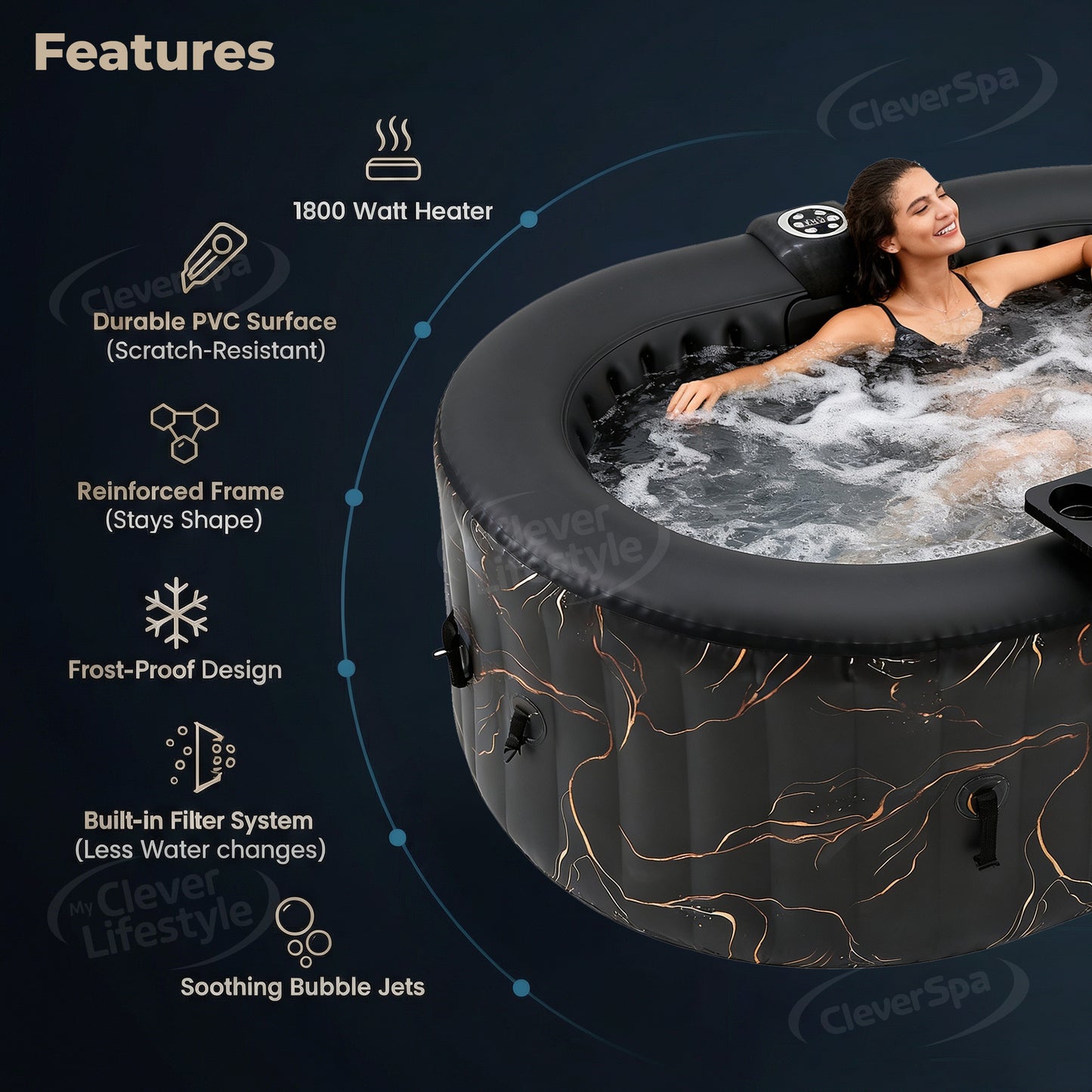 CleverSpa Portable Inflatable Hot Tub Outdoor Indoor Fits Upto 2 Person 75" x 47" x 25" with 100 Bubble Massage Airjets, Inbuilt Heating System, Water Filtration, Oval, Black with Gold Print