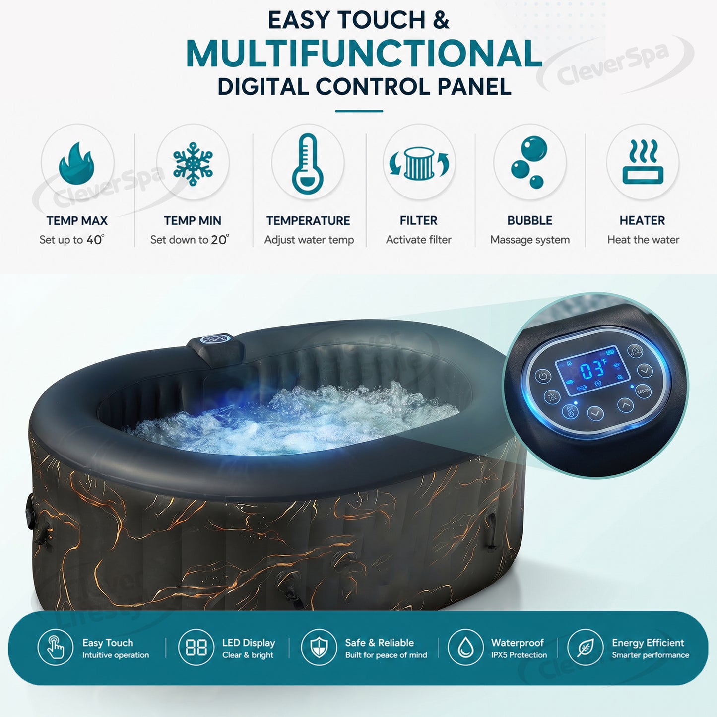 CleverSpa Portable Inflatable Hot Tub Outdoor Indoor Fits Upto 2 Person 75" x 47" x 25" with 100 Bubble Massage Airjets, Inbuilt Heating System, Water Filtration, Oval, Black with Gold Print