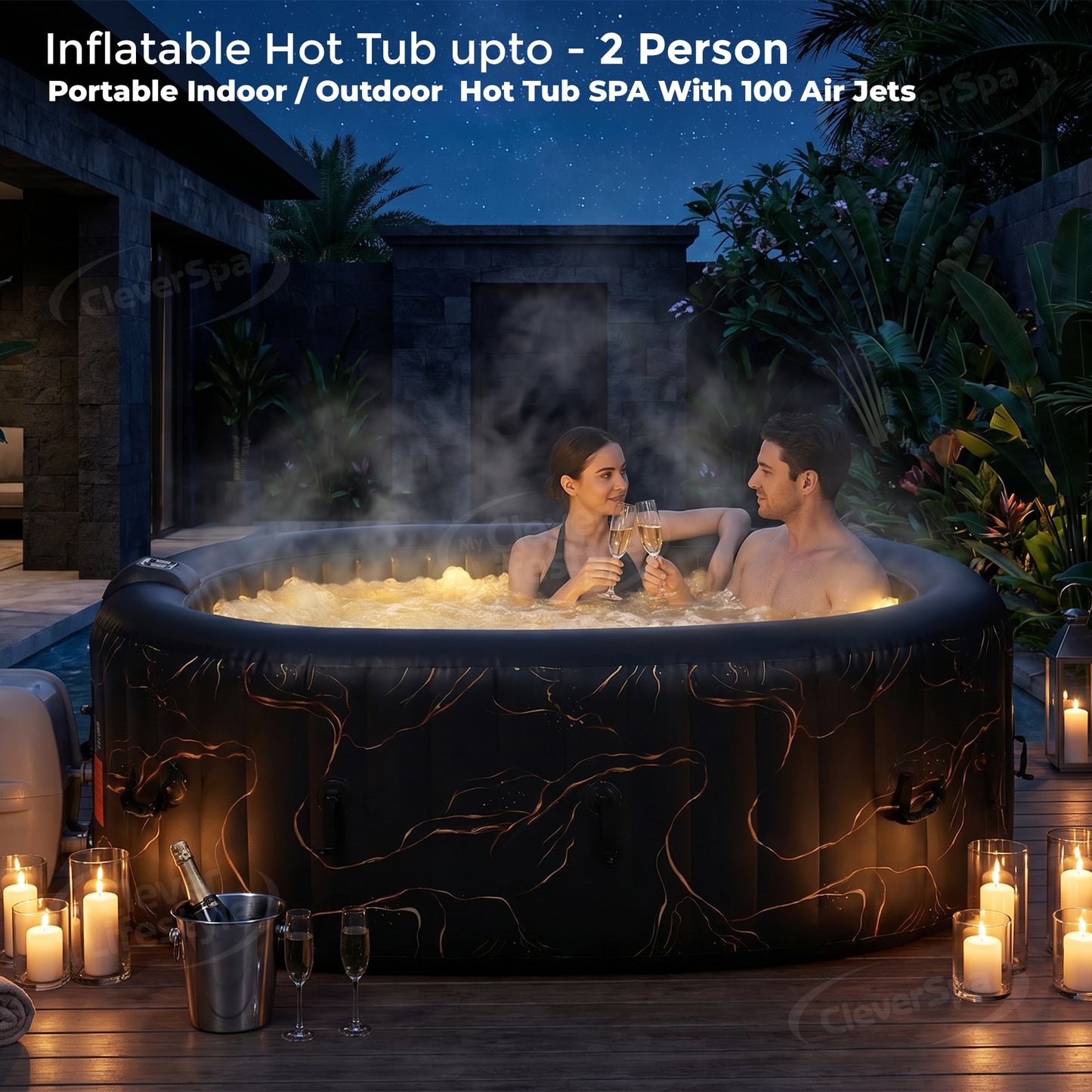 CleverSpa Portable Inflatable Hot Tub Outdoor Indoor Fits Upto 2 Person 75" x 47" x 25" with 100 Bubble Massage Airjets, Inbuilt Heating System, Water Filtration, Oval, Black with Gold Print