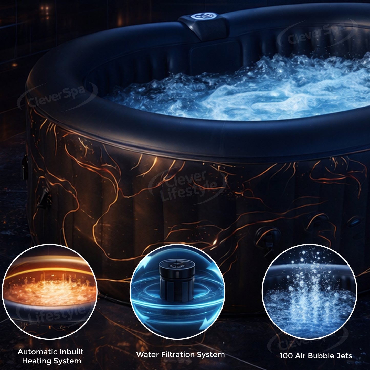 CleverSpa Portable Inflatable Hot Tub Outdoor Indoor Fits Upto 2 Person 75" x 47" x 25" with 100 Bubble Massage Airjets, Inbuilt Heating System, Water Filtration, Oval, Black with Gold Print